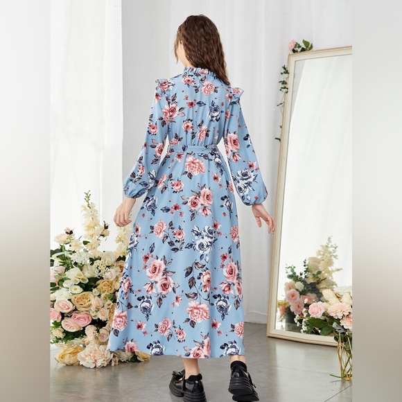 Girls Floral Print Frill Trim Lantern Sleeve Belted Dress - Picture 2 of 5